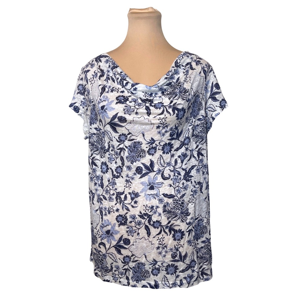 Rachel Zoe Floral Linen Top Size L Blue White Cowl Neck Coastal Cottagecore